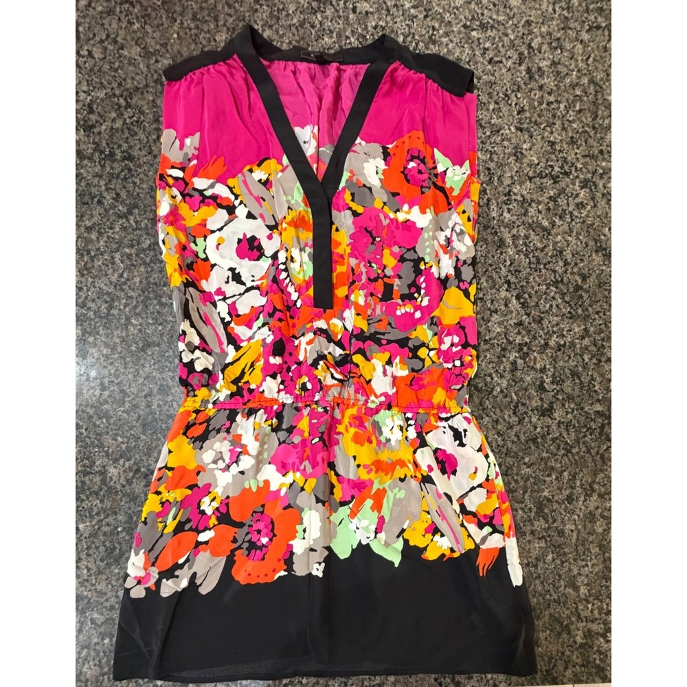 BCBGMAXAZRIA Floral Sleeveless V-Neck Elastic Waist Mini Dress Pink Orange 6